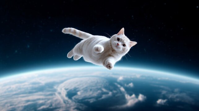 A fluffy white cat floating in space above Earth, exuding a sense of wonder.