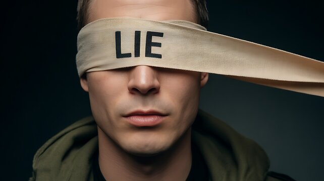 Blindfolded man with lie text symbolizing deception truth and hidden reality concept