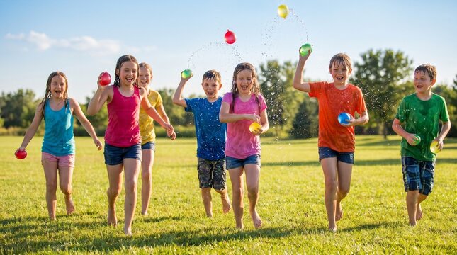 Children playing water balloon fight outdoors on sunny summer day  