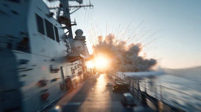A dramatic explosion occurs near a naval ship at sunset, showcasing military power.