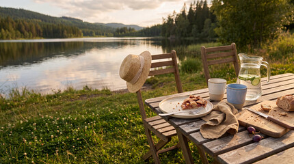 Naklejka premium Picnic table with fresh berry pie and cold drink set by calm lake at sunset. Rural countryside relaxing atmosphere for summer vacation. Outdoor dining experience in nature landscape.