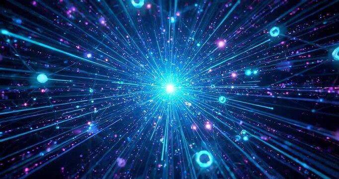 Radiant blue light burst with streaming neon lines and floating particles converging to central light creating dynamic futuristic digital energy field conveying motion depth and luminous network flow