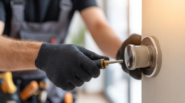 Male technician installing a door knob with tools in hand, focused and skilled.