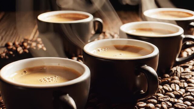 Delicious Coffee Cups with Roasted Beans on a Wooden Table.