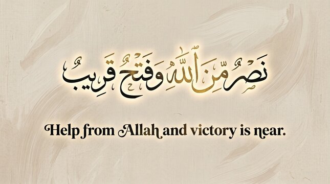 Minimalist Islamic Calligraphy Nasrum Minallahi Wa Fathun Qareeb Help from Allah and victory is near Quran verse with golden glow on clean beige textured background for modern interior decor art