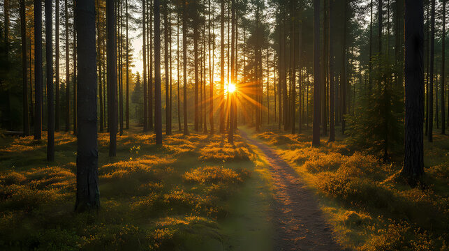 Golden Sunlight Path Through Pine Forest