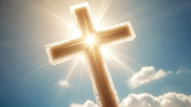 Bright glowing cross in sky with sun rays and clouds