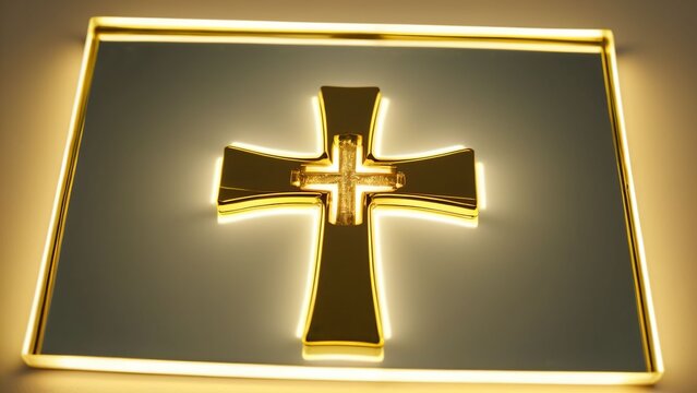 Glowing cross symbol on dark illuminated platform