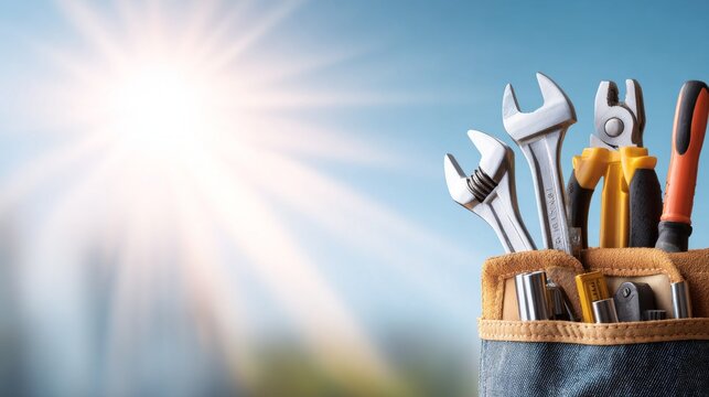 Close-up of a tool bag with various tools against a bright blue sky.