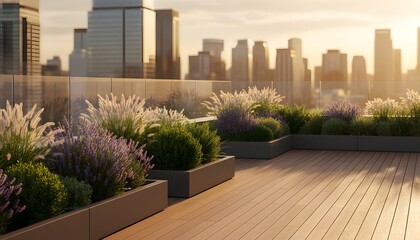 Obraz premium A horizontal image of a lush urban garden on a rooftop terrace featuring decorative plants and a city skyline at sunset for sustainable living concept and luxury architecture