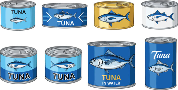 Tuna Fish Canned Food Set with Different Packaging Labels and Metal Containers for Seafood Products, Grocery Items, and Supermarket Illustration Design