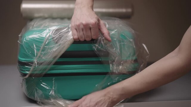 Hands of traveler male unwrapping green carry on suitcase with plastic stretch film for extra security and protection against damage and theft after departure at the airport terminal, closeup.