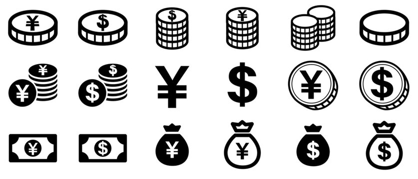 投資・通貨の白黒アイコンセット（コイン・紙幣・円ドルマークの金融シンボル／モノクロ＆反転デザイン素材）