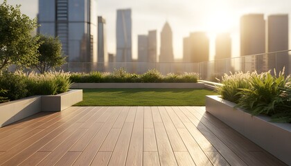 Obraz premium Modern landscaping and green city development in a rooftop garden overlooking a skyline with an urban oasis concept for sustainable living and luxury real estate