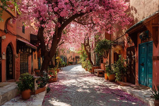 A picturesque sun-drenched street in a charming Mediterranean-style town is beautifully adorned with an enchanting canopy of vibrant pink cherry blossoms, creating a romantic and dreamlike pathway cov