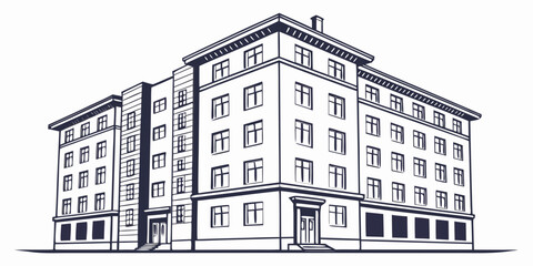 Outline drawing of a large residential building with multiple floors and apartment block outline graphic real estate line art black and white modern architecture vector graphic vector illustra © AD