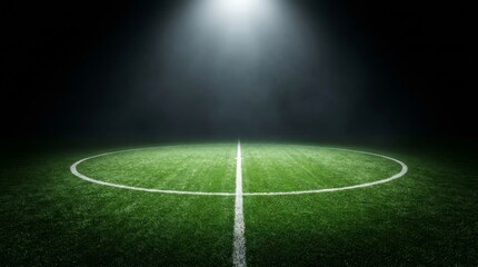 Naklejka premium Textured soccer game field with neon fog - center, midfield. Dramatic Center Circle of Soccer Field at Night with Spotlight and Dark Copy Space