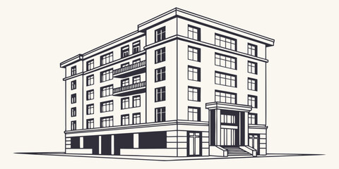 Detailed vector sketch of a classic apartment building with balconies and grand entrance residential building apartment block high rise real estate white background two dimensional building © AD