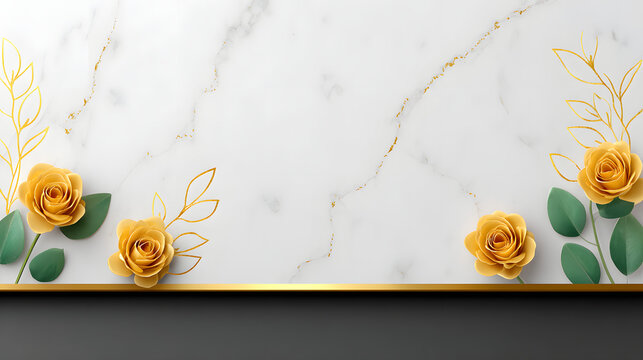 Minimal clean white marble background gold foil line yellow rose floral decoration elegant luxury pattern texture leaf green border frame design wallpaper backdrop botanical romantic wedding card