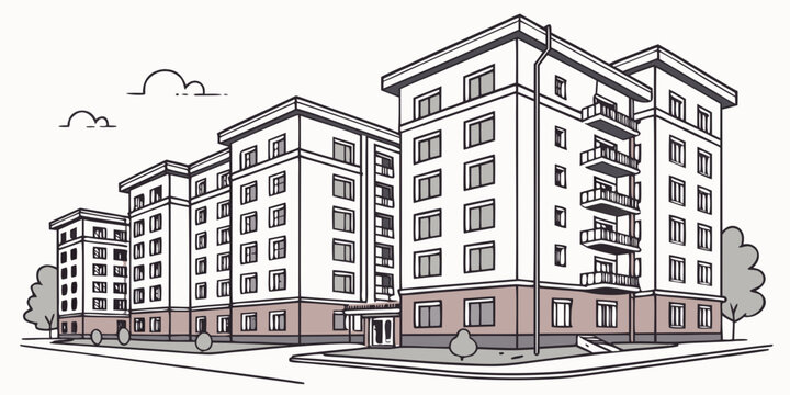 Linear illustration of multiple soviet-style apartment buildings with trees and sky apartment building soviet architecture residential building multi story building urban landscape block of flat