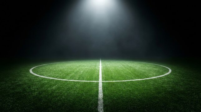 Textured soccer game field with neon fog - center, midfield. Dramatic Center Circle of Soccer Field at Night with Spotlight and Dark Copy Space