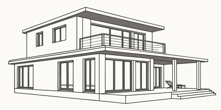 Modern house exterior design line art with real estate white background single object hand drawn digital art black and white two story architecture exterior building residential structure