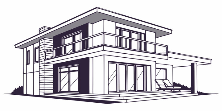 Minimalist modern house architectural sketch with line art real estate white background single object hand drawn digital art black and white two story garden furniture minimalist building