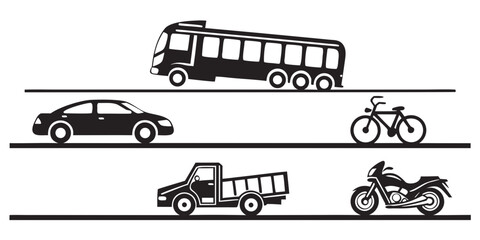 Various modes of transport depicted as silhouettes on horizontal lines with vehicle types public transport personal transport icon vehicle silhouette transport collection transport gra © AD