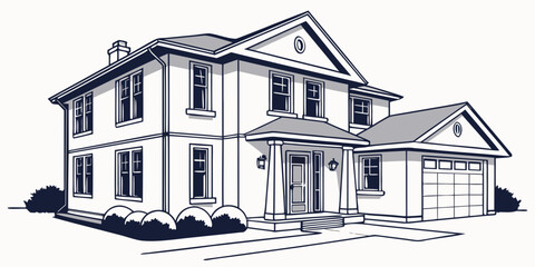 Illustration of a large two-story house with attached garage and landscaping real estate line art family home modern house architecture design house plan residential building architecture © AD