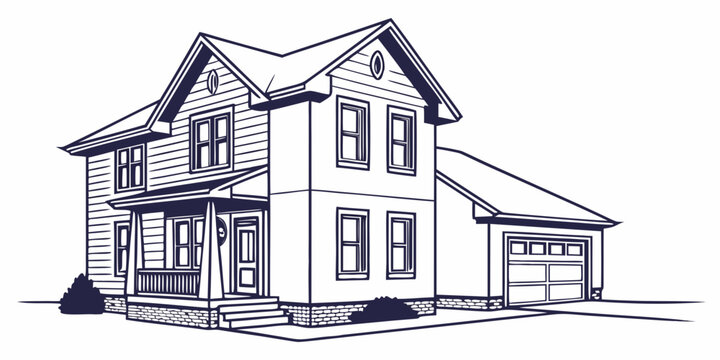 Drawing of a traditional american house with a garage and shrubbery real estate line art family home two story architecture design house plan residential building architecture building
