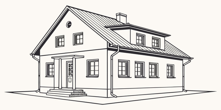 Line drawing of a two-story house with a porch and multiple real estate line art family home architecture design house plan residential building modern architecture dream house classic house