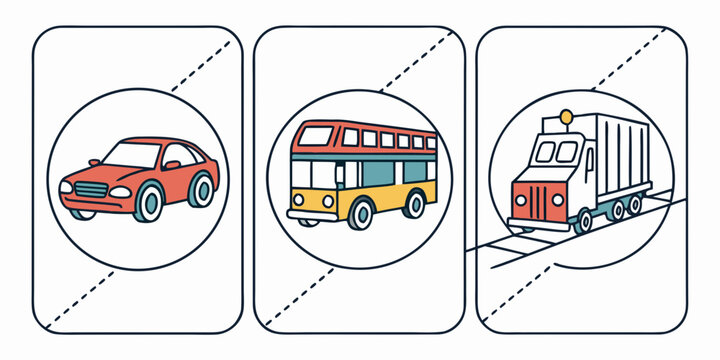 Set of stylized vehicle icons in circles: red car double-decker bus truck on rails public transport white background transportation options transport transportation automobile stylized