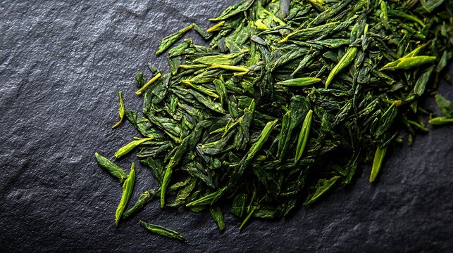 Close up overhead view of a pile of dried green tea leaves scattered on a dark textured slate surface highlighting natural organic texture and vibrant green color suitable