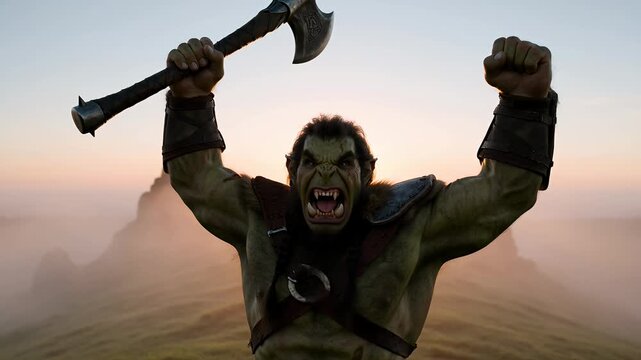 Fearsome Orc Warrior with Axe Raising Victory Arms in Misty Mountain Landscape