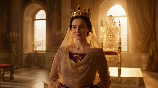 Royal Queen in Golden Crown and Veil in Ornate Palace Hall