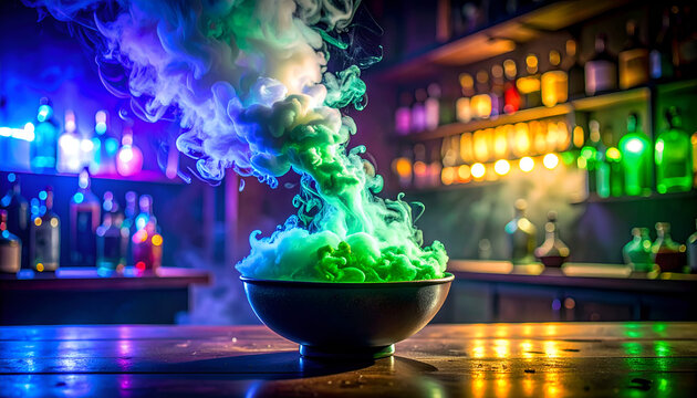 Mysterious Potion Bubbling with Colorful Smoke in a Dimly Lit Bar.