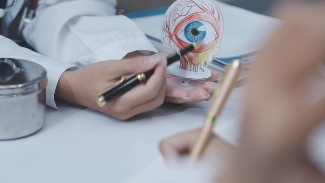 Doctors discuss eye health using an anatomical eye model during a medical consultation, reviewing documents and explaining details on a desk.