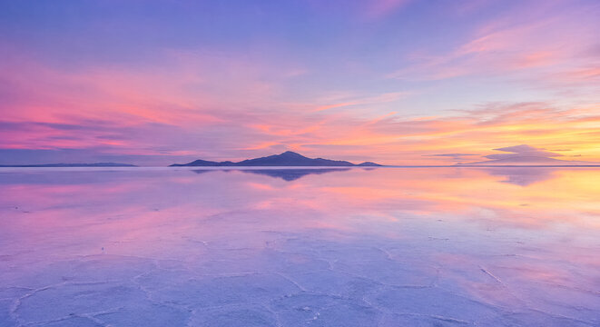 Pastel salt lake reflecting pink sunset and distant island.generative AI