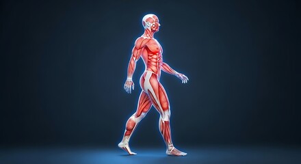 Obraz premium 3d human muscular system walking on dark blue futuristic background