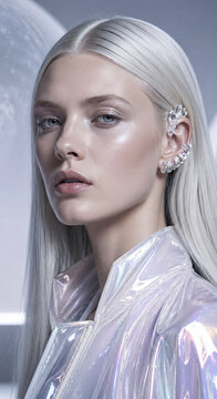 Platinum blonde woman in glossy silver futuristic fashion.generative AI