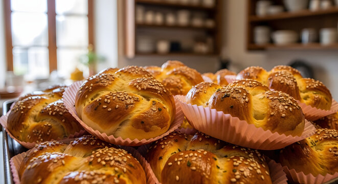 A pile of freshly baked sesame seed buns in paper liners on a metal tray