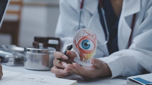 Doctors discuss eye health using an anatomical eye model during a medical consultation, reviewing documents and explaining details on a desk.