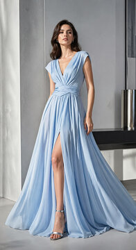 Woman in flowing light blue dress on modern balcony.generative AI
