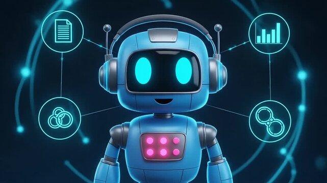 Futuristic blue robot with glowing eyes and headphones analyzing data visualization and infinity
