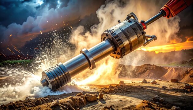 Industrial Drilling Rig Equipment in Action with Explosive Debris.