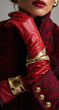 Red leather gloves and gold bracelets in luxury fashion detail.generative AI