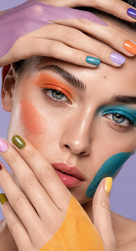 Colorful editorial makeup portrait framed by painted hands.generative AI