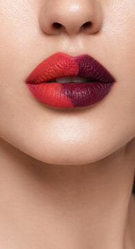 Close up lips with deep red ombre lipstick.generative AI