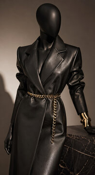 Black mannequin wearing leather dress with gold chain belt.generative AI