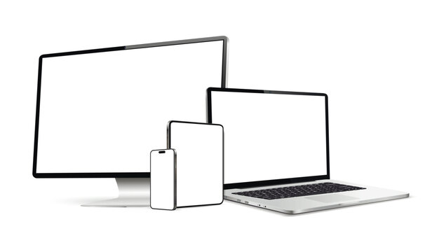 Realistic devices screen mockup. Smartphone, tablet, laptop and display monitor with blank screen.